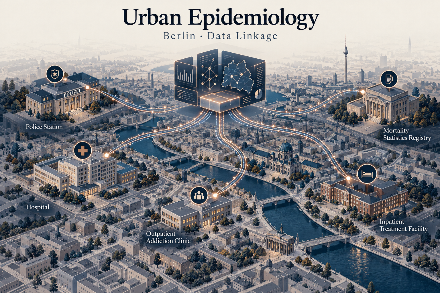 Urban Epidemiology: Berliner Stadtkarte mit Polizei, Krankenhaus, Suchthilfe und Mortalitätsstatistik
